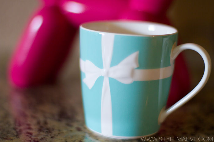 tiffany blue coffee mug with white bow